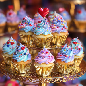Create an image of a cupcake stand full of cupcakes. Each cupcak...