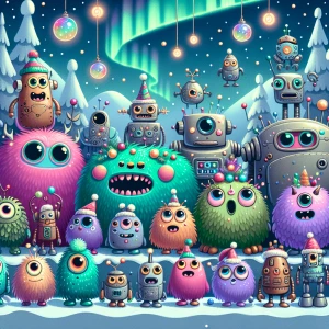 Cute Monsters and robots  singing Christmas carols on Christmas...