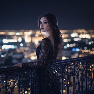 Capture the elegance of a fair-skinned woman with dark long hair...