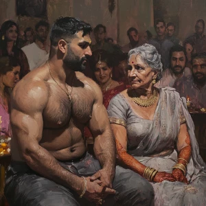 Realism sharp detailed painting,a muscular beefy sweaty man sitt...