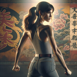 Athletic Thin skinny Attractive, Asian teenage girl, long brown hair and bangs, wearing tight skinny jeans and a halter top paint marks on her clothing, heroic pose Asian graffiti background, backside view