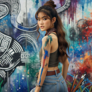 Attractive, Asian teenage girl, long brown hair and bangs, wearing tight skinny jeans and a halter top paint marks on her clothing, backside view heroic pose Asian graffiti