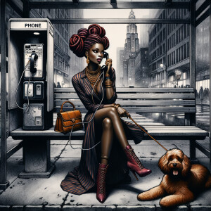 Ink wash: Pay phone booth landscape. An African American mahogan...