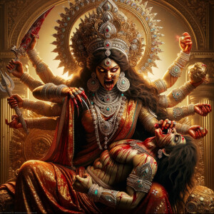 portrait of angry looking goddess durga, sitting on a gold crown...
