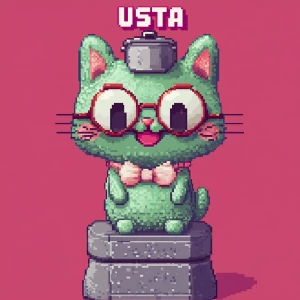 Create a pixel art character of a cute, green cat with a wide sm...