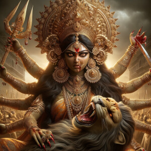 Portrait of an angry and gorgeous goddess durga sitting on a golden throne and slaying mahishasur by carrying him on top her lap and stabbing him with her long red fingernails. gold jewelry all over her body. she has eight arms. Mahishasur has wounds. Background is intense battlefield. Ultra detailed face, hyper realistic photography, Epic scene. 4k, HDR