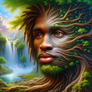 Create a hyper-realistic 3-D oil painting of a tree integrated w...