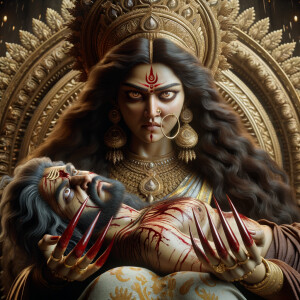 portrait of angry looking goddess durga sitting on a gold crown...