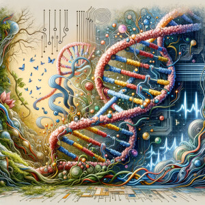 circuitry, diagrams Cellular structures, DNA, circuit boards, colorful wires,  asian and Egyptian  graffiti, lie detector graphs, cardio, printout , branches infinity sign, cave, Art, handprints, distant birds flying, flowering vines, abstract gestural painting, dna