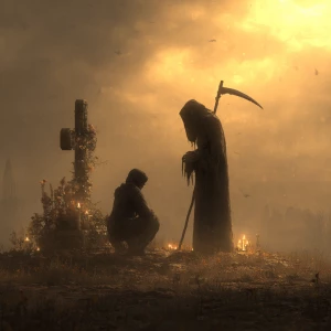 A solemn, cinematic memorial scene set at dusk beneath a cloudy,...