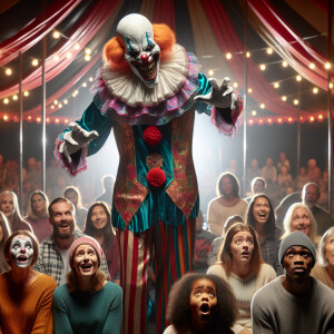 A scary clown shows sinister tricks, thereby scaring people in t...