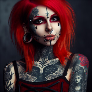A red haired Gothic Woman with piercings and Gothic tattoos