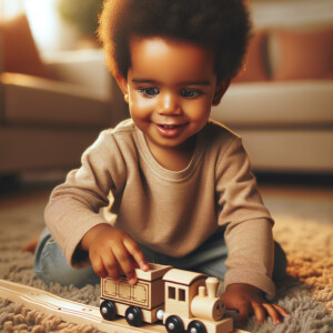 African-American baby boy with huge green eyes, playing with a train