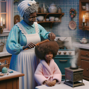 Create a realistic 3-D image of an african-American grandmother wearing a blue house dress and a white apron . She is in the kitchen with her african-American granddaughter. Her granddaughter is wearing a pink bath robe. The grandmother has a hot comb in her hand and she is straightening her granddaughters hair. One side of her granddaughters hair is in  a Afro the other straight 
There is smoke coming from the hot comb
The granddaughter is making a face as if to say grandma that hurt