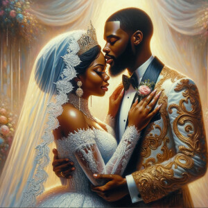 Imagine a hyper-realistic oil painting that captures a tender moment between theAfrican American bride and her God. The setting is intimate and filled with soft, warm lighting that enhances the emotional depth of the scene. The bride, in herexquisite wedding gown, shares a heartfelt embrace with her african-American Lord Jesus , who is dressedin an elegant outfit that complements the wedding's color scheme. Their expressions are full of love, pride, and joy, reflecting the special bond between them. Theattention to detail is paramount, from the intricate designs of their dresses to the subtle emotions conveyed in their facial expressions. The background is a blur ofgentle pastel hues, ensuring that the focus remains on this touching moment. Thispainting should convey the warmth, love, and depth of the relationship, with the rich textures and vibrant strokes characteristic of oil paintings, capturing the essence of this significant pre-wedding moment.