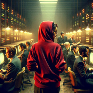 Backside profile of a young woman wearing red hodie, surrounded by backside profile of men with black suits who work in front of computer screens