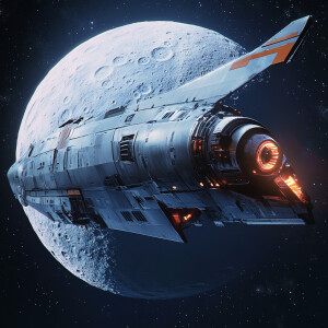 Hyper ultra realistic spaceship near the moon