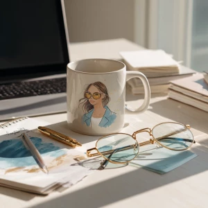 Female entrepreneur at her chic home office desk, 11oz ceramic m...