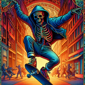 Prompt: Skeleton wearing Jeanshose and Hoody, colorful, anthropo...