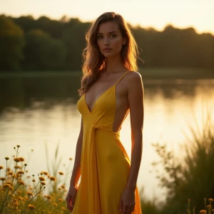 “A serene lakeside scene during golden hour, capturing a captiva...