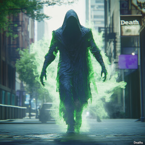 A hyper-realistic UHD image featuring "Death” wearing a tattered...