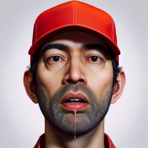 Generate a hyper-realistic portrait of a man waring a red baseba...