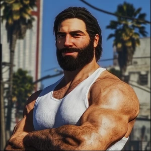 White muscular thin man with beard, big chin, smile and cheekbon...