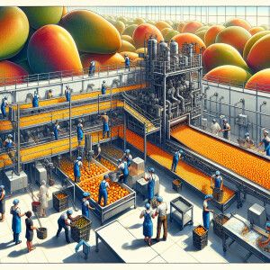 Create a sketch depicting a mango packing plant with a machine l...