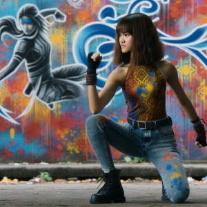 teenage girl, long brown hair and bangs, wearing tight skinny jeans and a halter top paint marks on her clothing, heroic pose Asian graffiti background, nearing on one knee