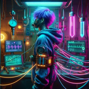 /imagine prompt: a neon-lit cyberpunk medical bay, focusing on a...