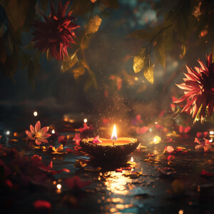Diwali, flowers, diya, night, cinematic lighting, moody tones, f...