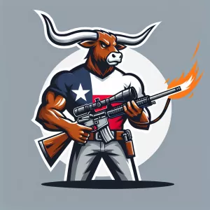 muscular longhorn wearing texas flag t-shirt, 
shooting bullets...