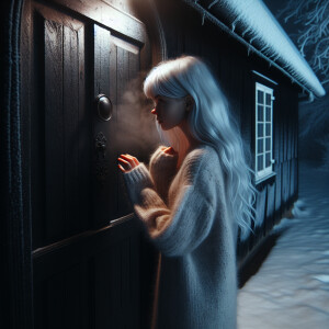 A girl with white hair knocks on a house with no light at night...