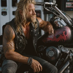 The image shows a muscular bodybuilder man with a tattooed arm s...