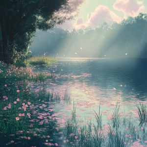 Create an image of an anime-style Monet lake influenced by Pre-R...