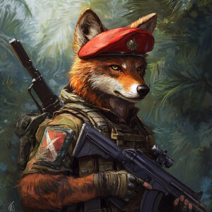 A male, anthromorphic Florida red wolf, wearing military gear, s...