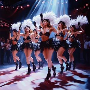 Create a photorealistic image depicting a troupe of Las Vegas showgirls adorned with black and white feather boas, performing a dance routine on a brightly lit stage.