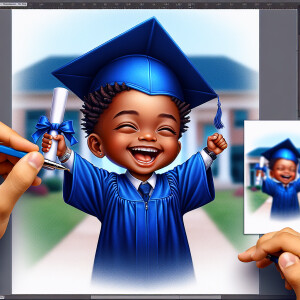 "Create a realistic airbrushed illustration of a joyful African...