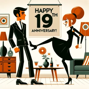 ‘Happy 19th Anniversary!’ 
A 60s mod vibe with a tan male with a...