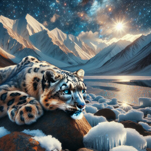 Generate an image of a snow leopard against the bsckdtop of the...