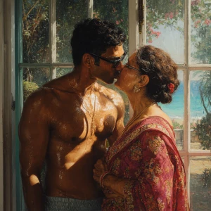 Hyperrealism painting.a muscular sweaty indian man standing in...