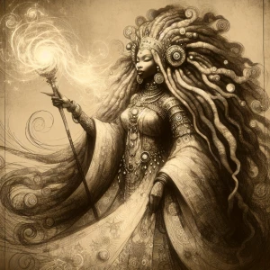 Mythweaver A Nigerian Queen stands tall, her long hair a wild ta...