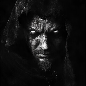 A sinister warlock shrouded in shadows, his piercing eyes glowin...