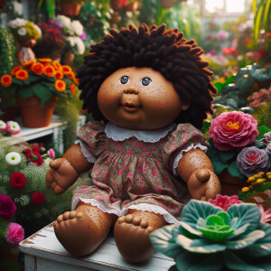 African-American cabbage patch doll with huge dimples, and freckles and flowers in the background