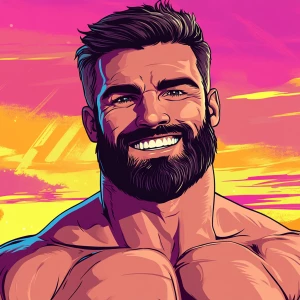 White muscular thin man with beard, big chin, smile and cheekbon...