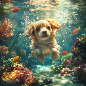 Imagine a mesmerizing scene featuring a little cute dog fully su...