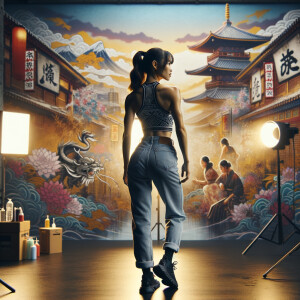 Athletic Thin skinny Attractive, Asian teenage girl, long brown hair and bangs, wearing tight skinny jeans and a halter top paint marks on her clothing, heroic pose Asian graffiti background, backside view