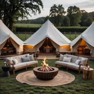 Plan an upscale glamping anniversary event with sophisticated Be...