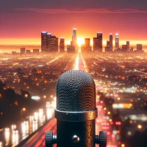 Create an image of a sunset in Los Angeles after a rain shower w...