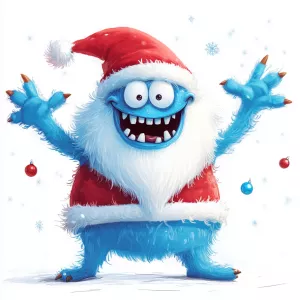 a playful and imaginative cartoon blue monster character in chri...